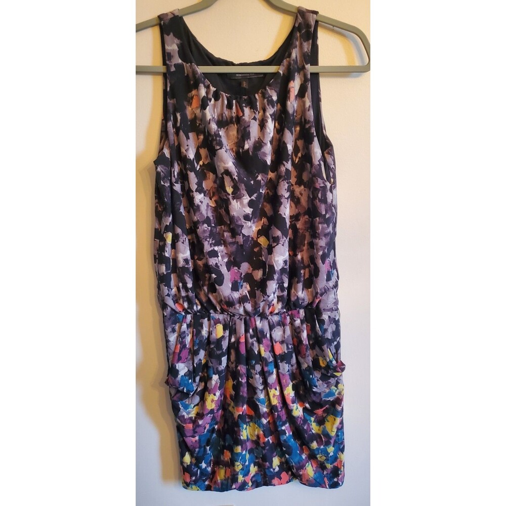 BCBGMAXAZRIA Janis Abstract Watercolor Print Sleeveless Blouson Dress Pockets SM